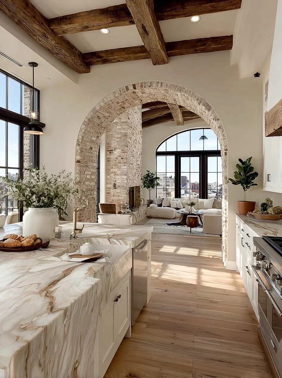 Cocina abierta con arco en piedra