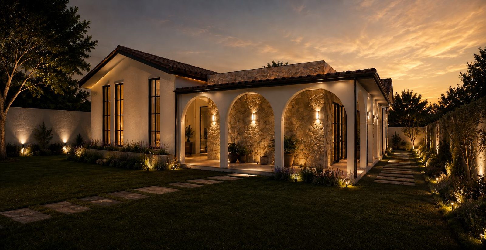 Fachada iluminada de residencia Stone House